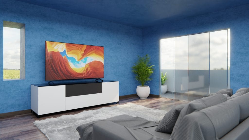 Prometheus Wide Television Credenza with 85" TV on Top of IT