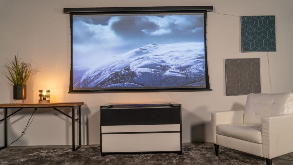 Artemis Middle Motorized UST Projector Cabinet Projecting onto a 100" Motorized Drop Down Screen