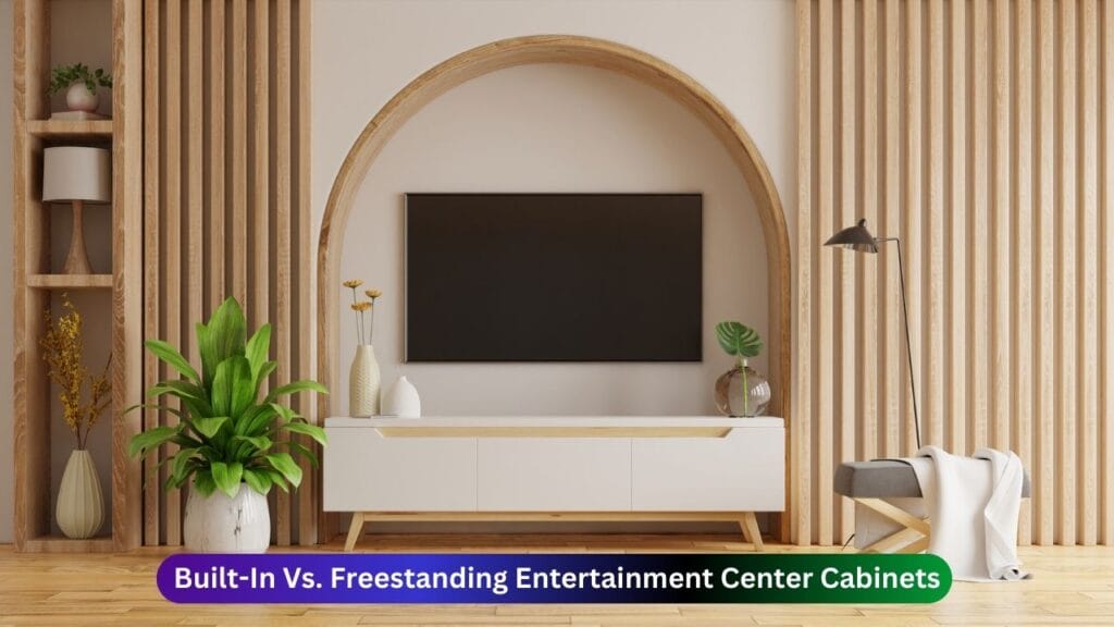 Built-In Vs. Freestanding Entertainment Center Cabinets 3 Random Entertainment Cabinet with Screen Mounted on the Wall Over It.